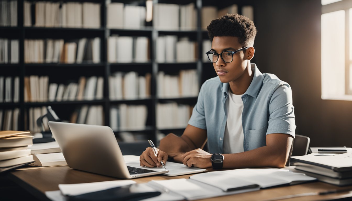 A student sits at a desk, surrounded by books and papers. They hold a pen, deep in thought, as they brainstorm essay ideas. A laptop is open, displaying research notes