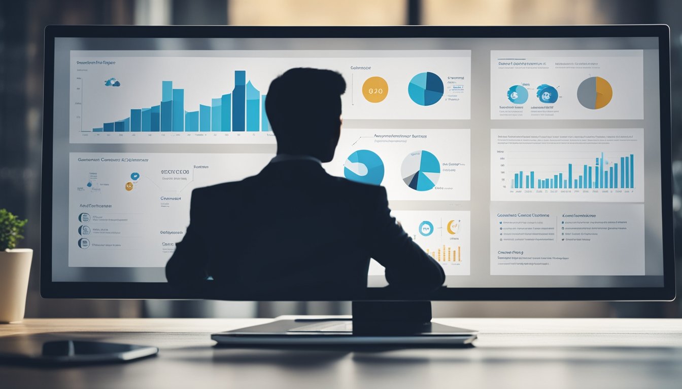 A computer screen displaying online career coaching services with charts, graphs, and success stories. A person's silhouette in front of the screen, symbolizing career advancement