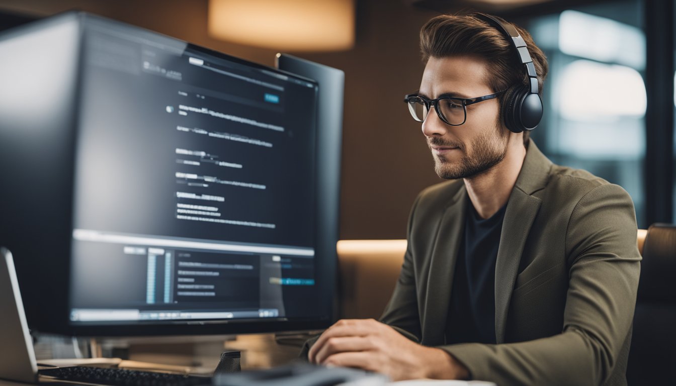 A person sitting at a computer, browsing through various online career coaching services, with a thoughtful expression on their face