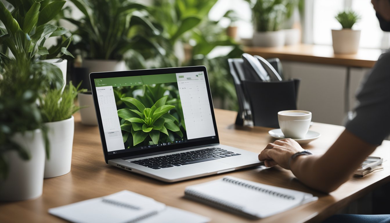 A person working at a desk with a laptop, surrounded by plants and natural light, while also having a calendar and family photos nearby