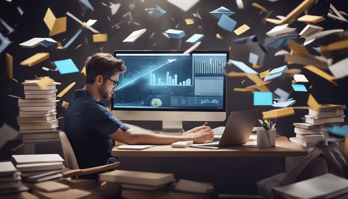 A person studying at a desk with books and a computer, surrounded by obstacles and arrows pointing towards solutions