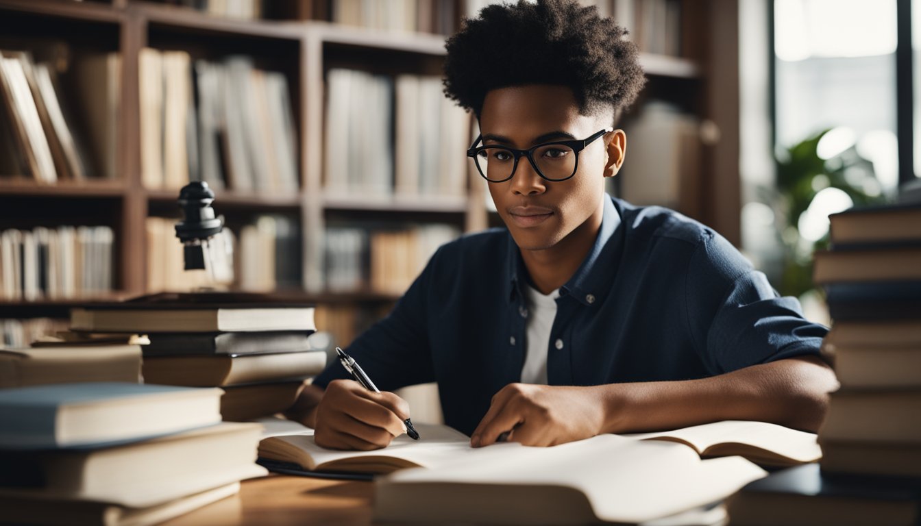 A student sits at a desk, surrounded by books and papers. They are focused, pen in hand, refining their writing style for the ACT essay