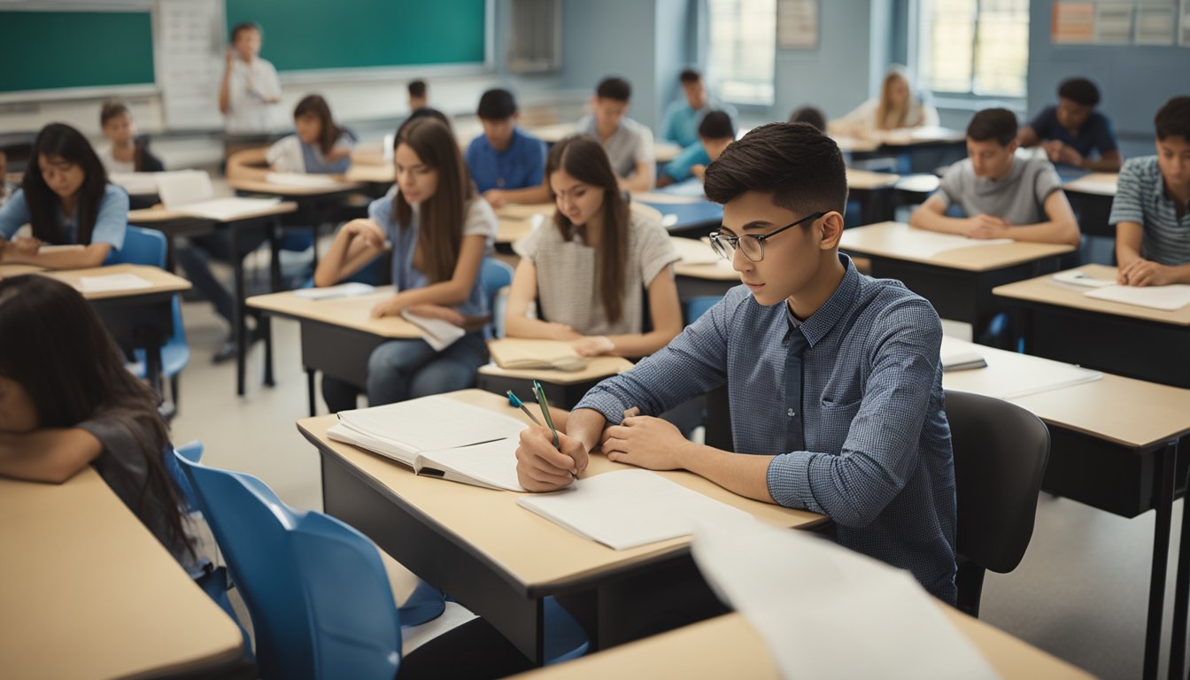 A student sits at a desk with a pencil and paper, surrounded by quiet classmates. A clock on the wall shows the time, and a sign on the wall reads "Test Day Tips."