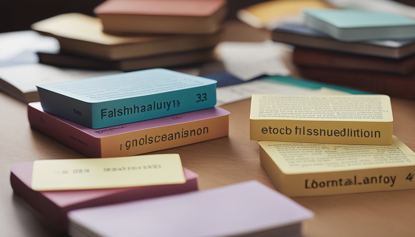 Colorful flashcards spread out on a table, each with a word and its definition. Books and a dictionary in the background