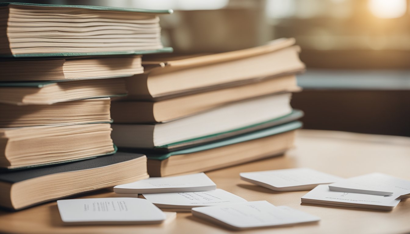 A stack of GRE verbal flashcards arranged neatly on a desk, with a pencil placed next to them for studying