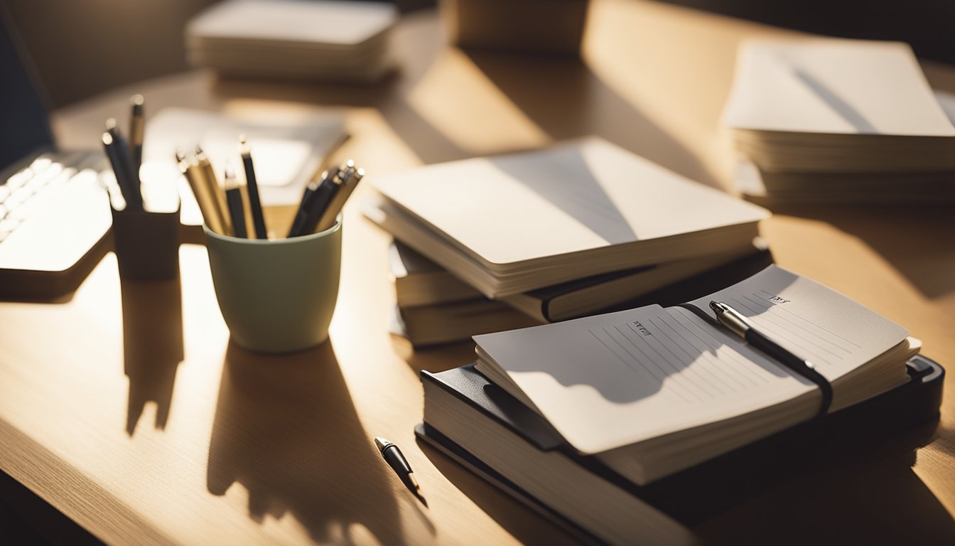 A stack of GRE verbal flashcards arranged on a desk, with a notebook and pen next to them. A cozy study environment with a warm light illuminating the scene