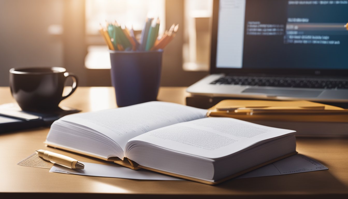 A desk with LSAT prep books, practice tests, and a timer. Pencils, erasers, and scratch paper scattered around. Bright light illuminates the workspace