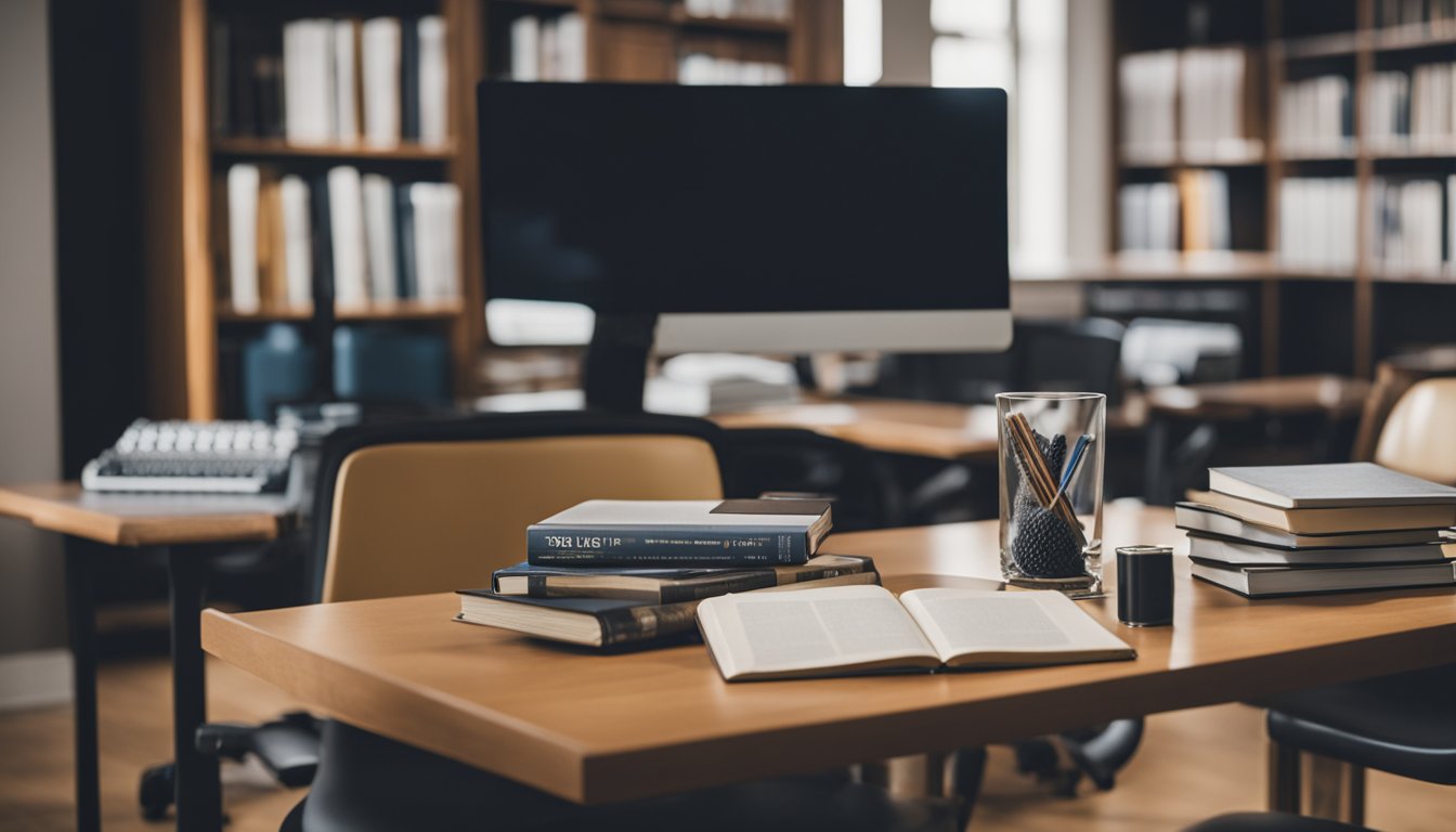 A quiet room with a desk, chair, and LSAT prep books scattered about. A timer ticks away as the test taker focuses on solving logic games