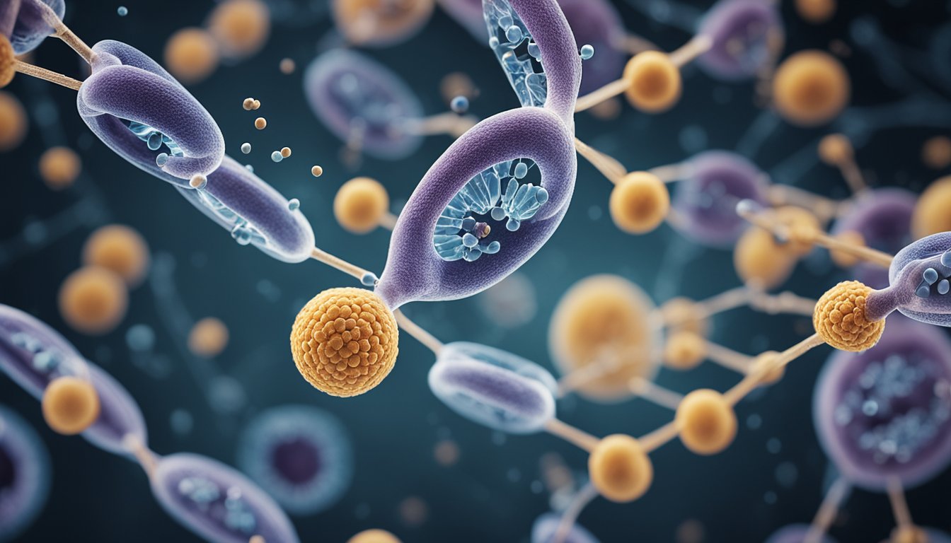 Cells dividing through mitosis, DNA replication, and protein synthesis in a dynamic and interconnected process