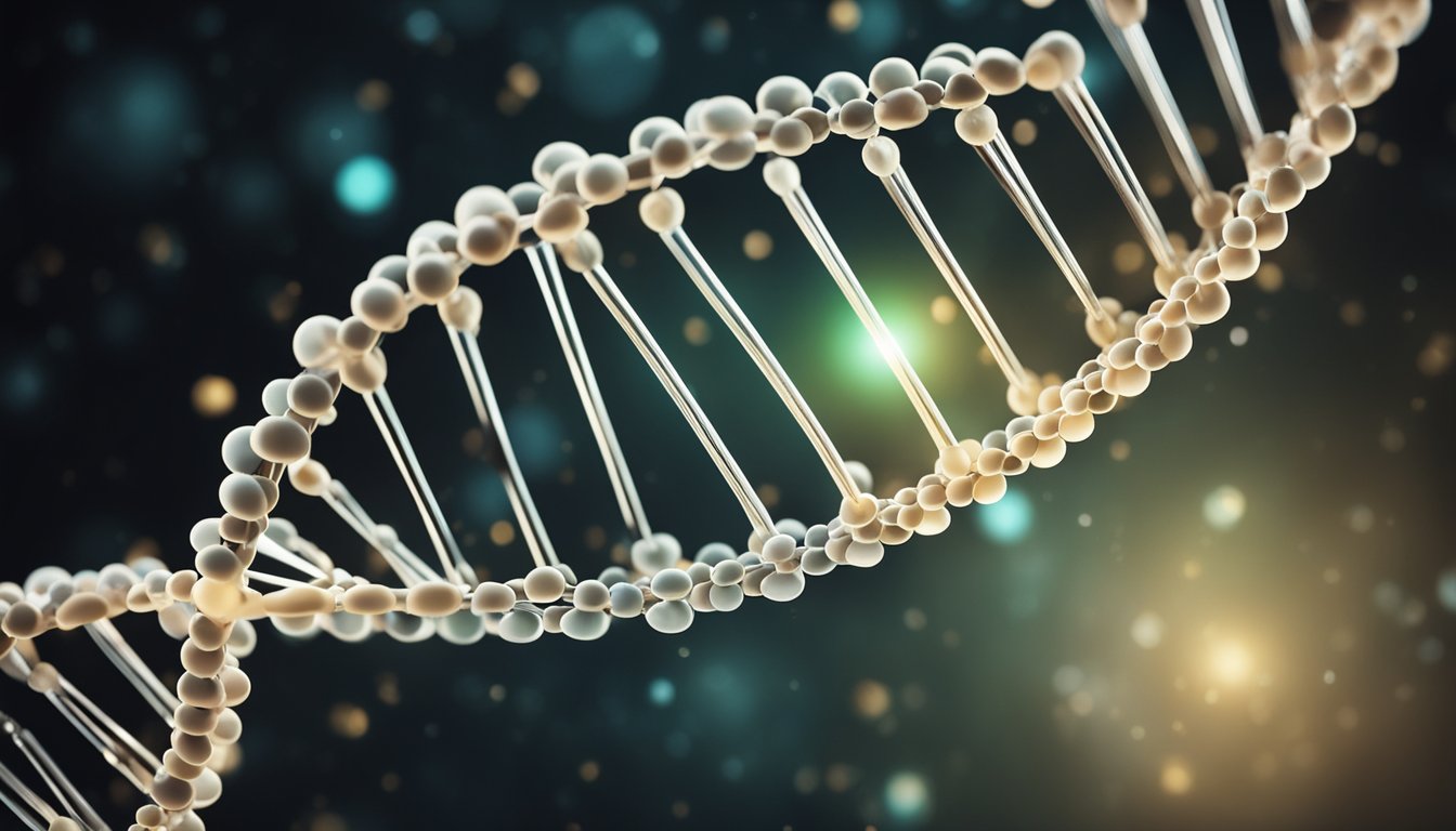 A DNA double helix unwinds and replicates, showing the process of genetic inheritance and change over time