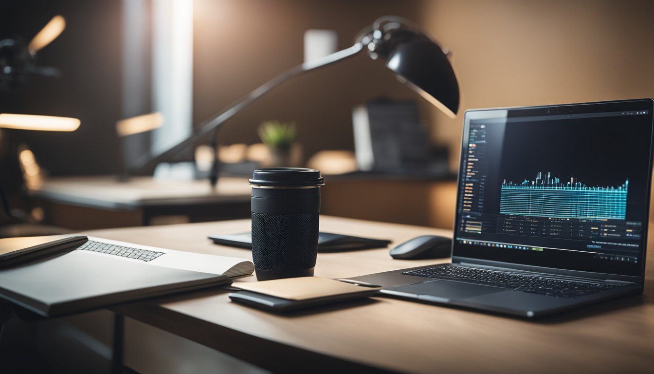 A desk with a laptop, notebook, and pen. A timer set for 50 minutes. A quiet room with natural light