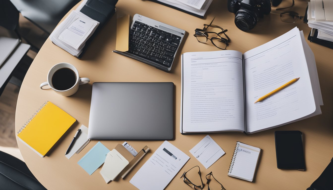 A desk with a laptop, pencil, and SAT practice test booklet, surrounded by study materials and notes