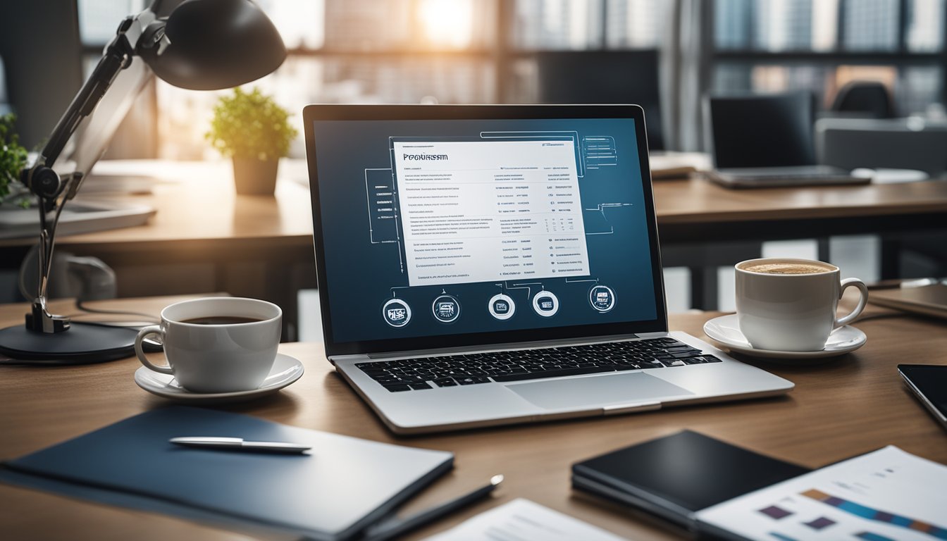 A table with project management certification materials and a laptop displaying a project timeline