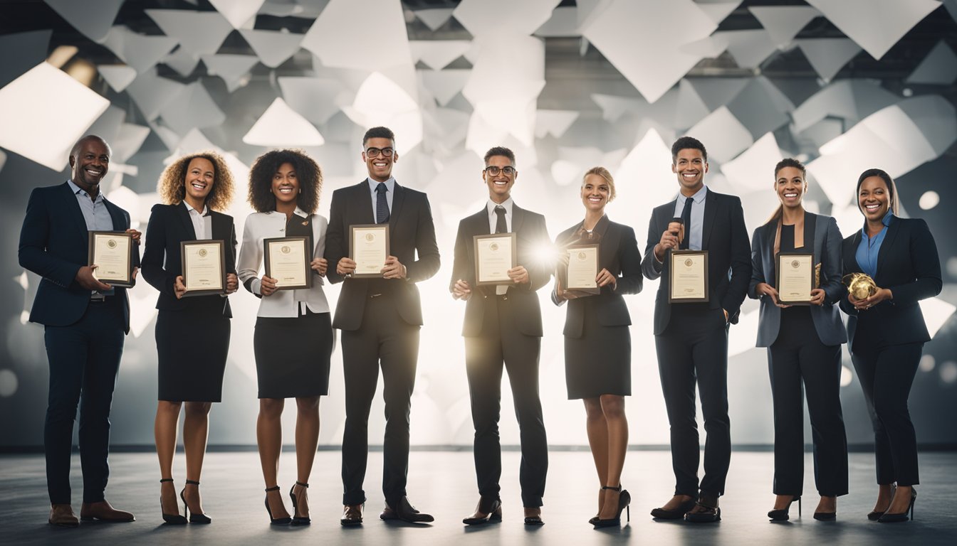 A group of professionals celebrating with certificates and trophies, representing the benefits of project management certification