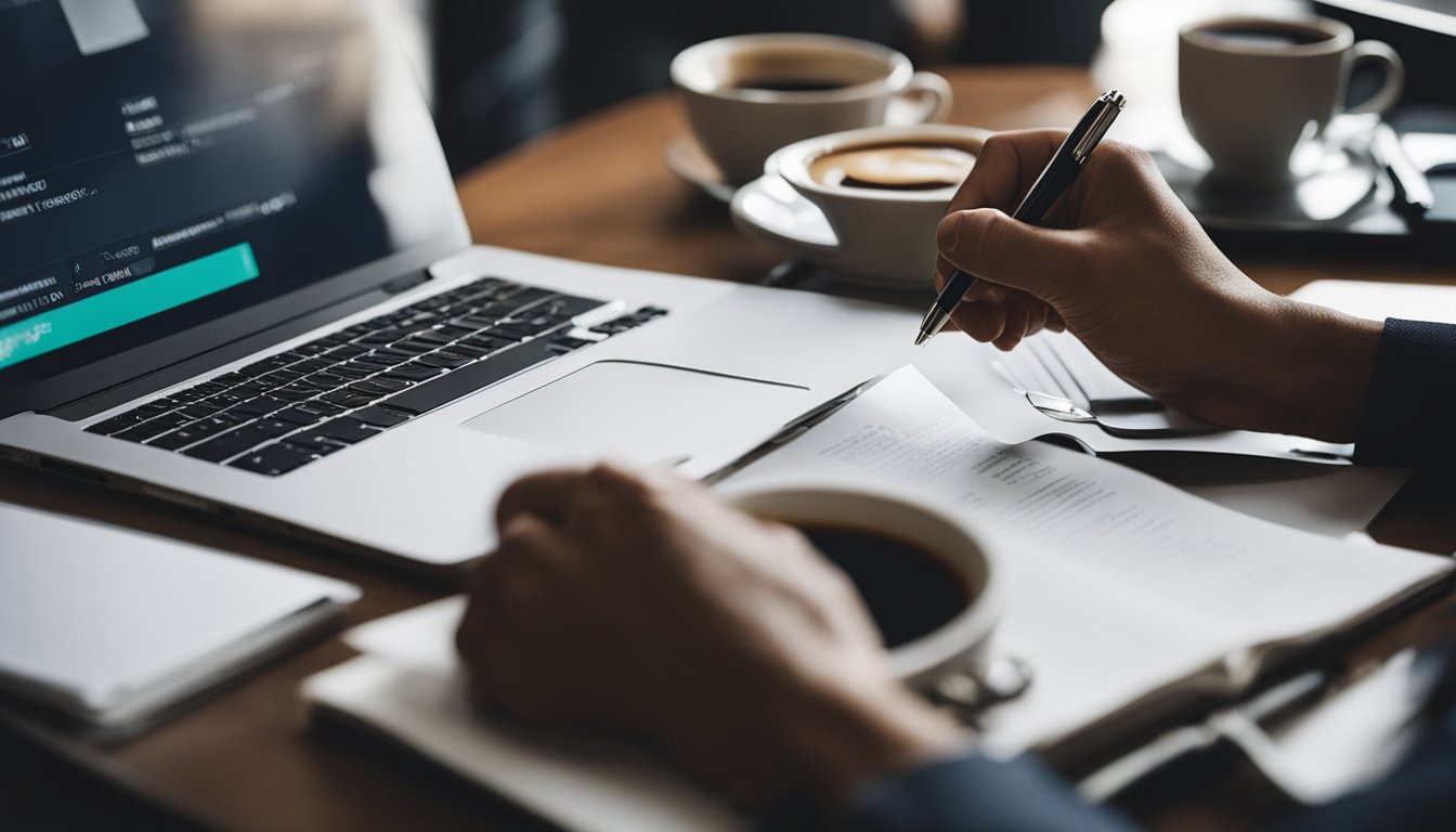 A person's hand holding a pen, writing on a piece of paper with a laptop and a cup of coffee on the desk