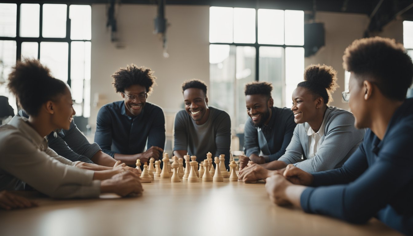 A group of individuals engage in team-building activities, problem-solving exercises, and skill development workshops as part of a leadership development program