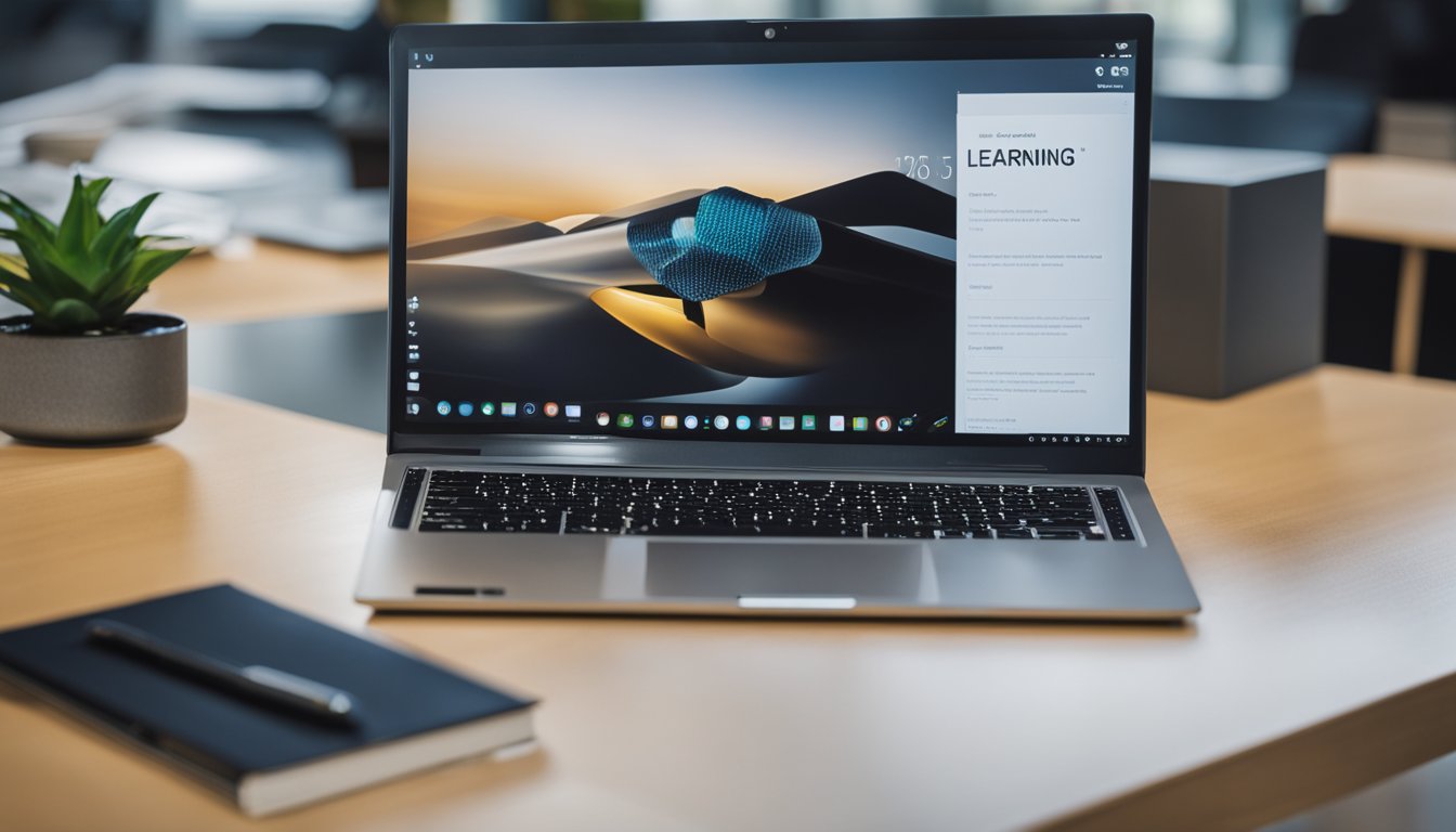 A laptop sits open on a desk, displaying various online learning platforms for professionals. A pen and notebook are nearby, ready for note-taking