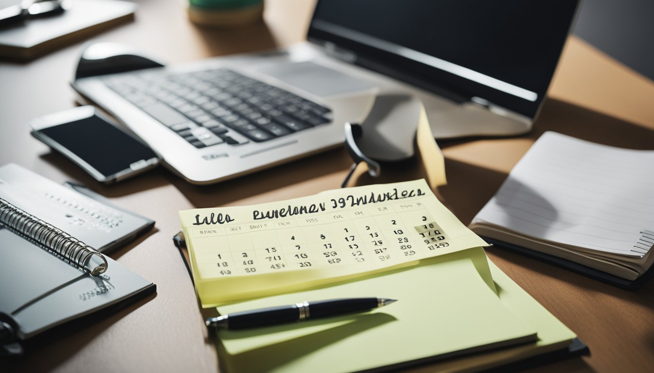 A desk with a laptop, notebook, and pen. A calendar with deadlines. A stack of books on essay writing. Post-it notes with essay planning strategies