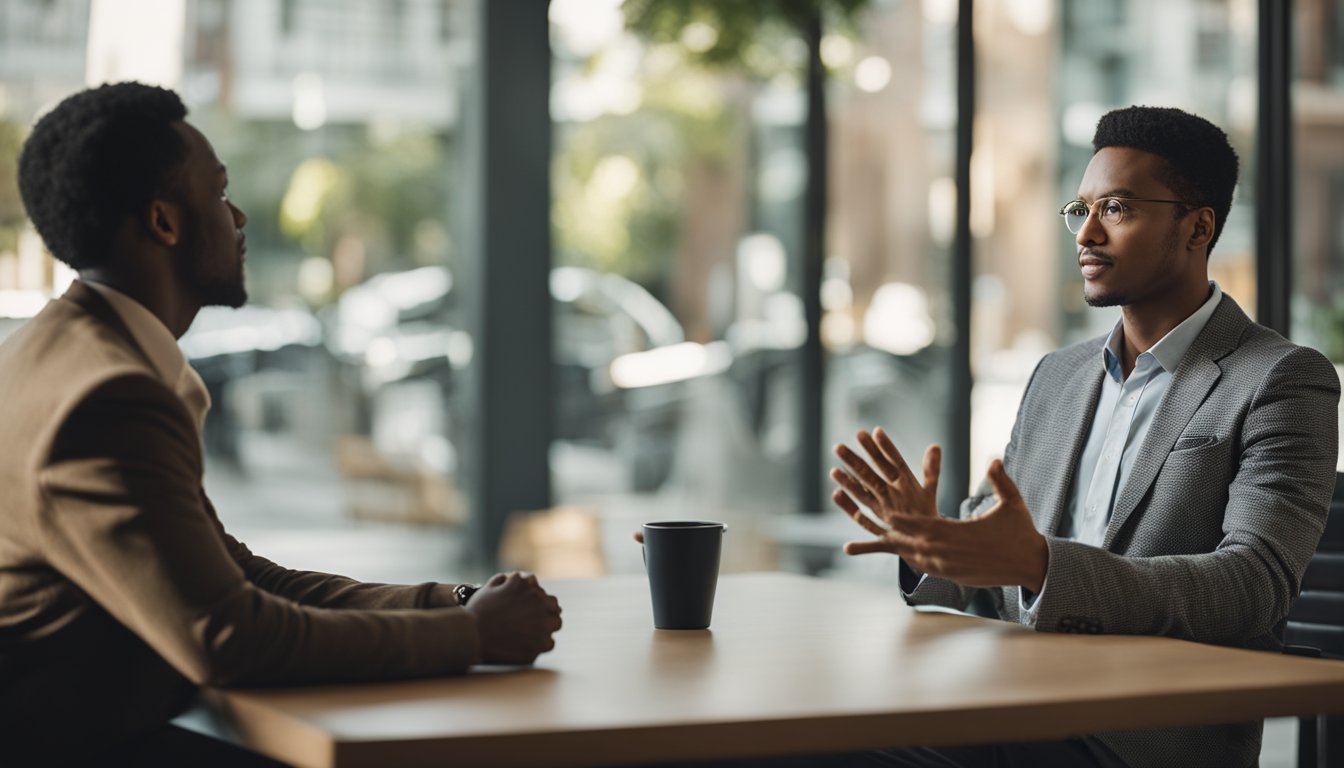 A person presenting a convincing argument while another person listens attentively, nodding in agreement