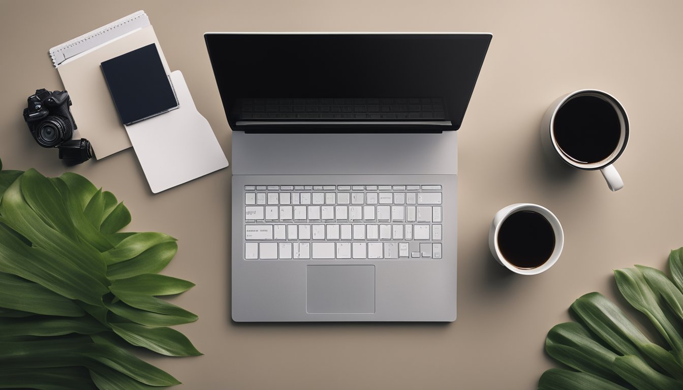 A desk with a laptop, notebook, and pen. A resume template on the screen. A cup of coffee and a plant in the background