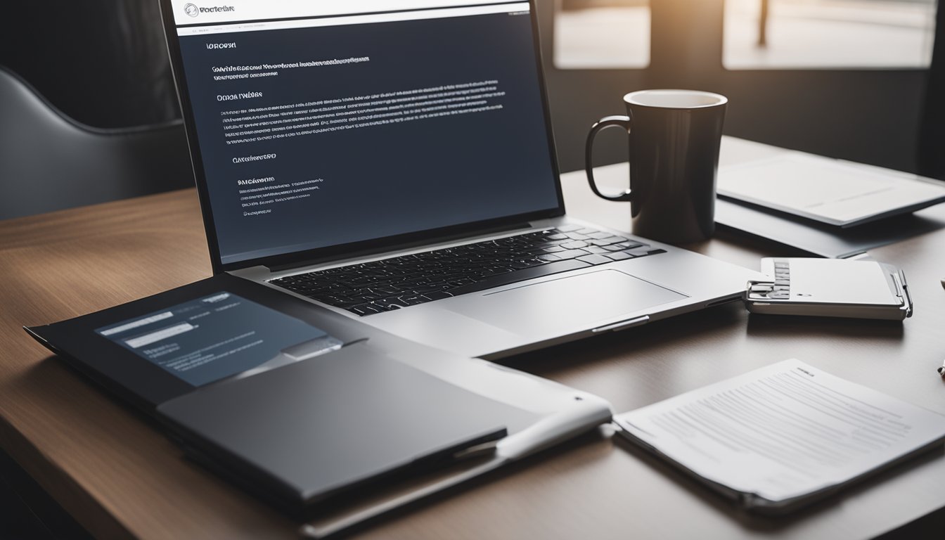 A desk with a laptop, notebook, and pen. A stack of resumes and a job description on the table. A professional outfit hanging on a chair