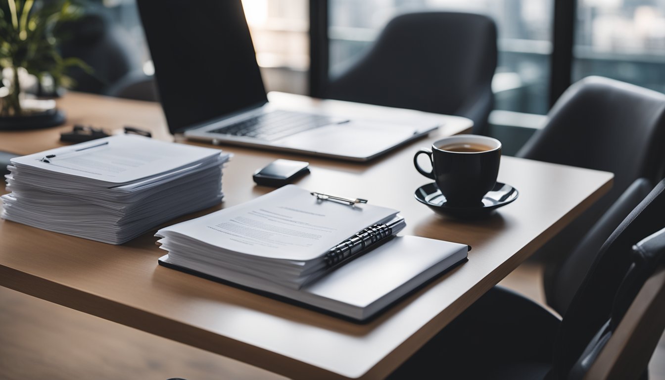 A desk with a neatly organized stack of resumes, a laptop, and a notepad, surrounded by a comfortable chair and a professional-looking backdrop